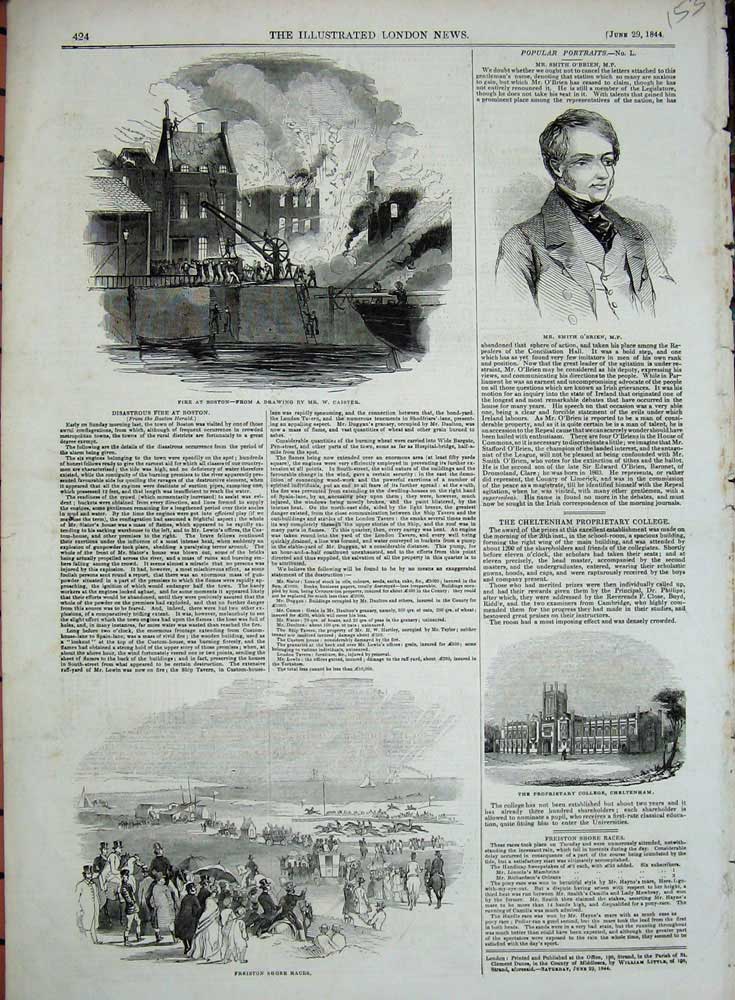 Old Antique Print 1844 Fire Boston Smith O'Brien College Cheltenham Sport 19th