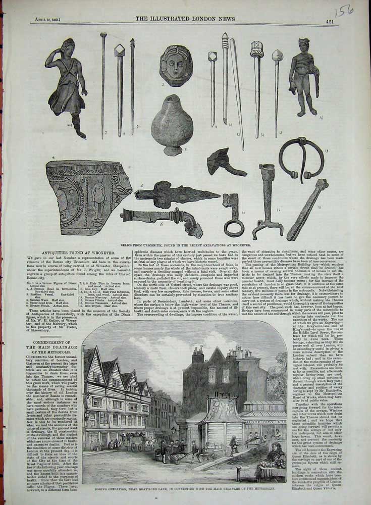 Old Antique Print 1859 Relics Uriconium Excavations Wroxeter Gray'S-Lane 19th