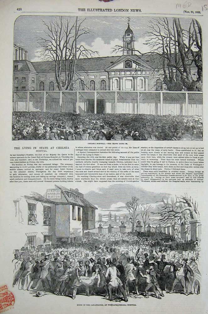 Original Old Antique Print 1852 Chelsea Hospital People Catastrophe Accident