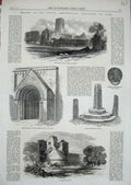 Original Old Antique Print 1863 Fountains Abbey Leeds Pontefract Castle Church