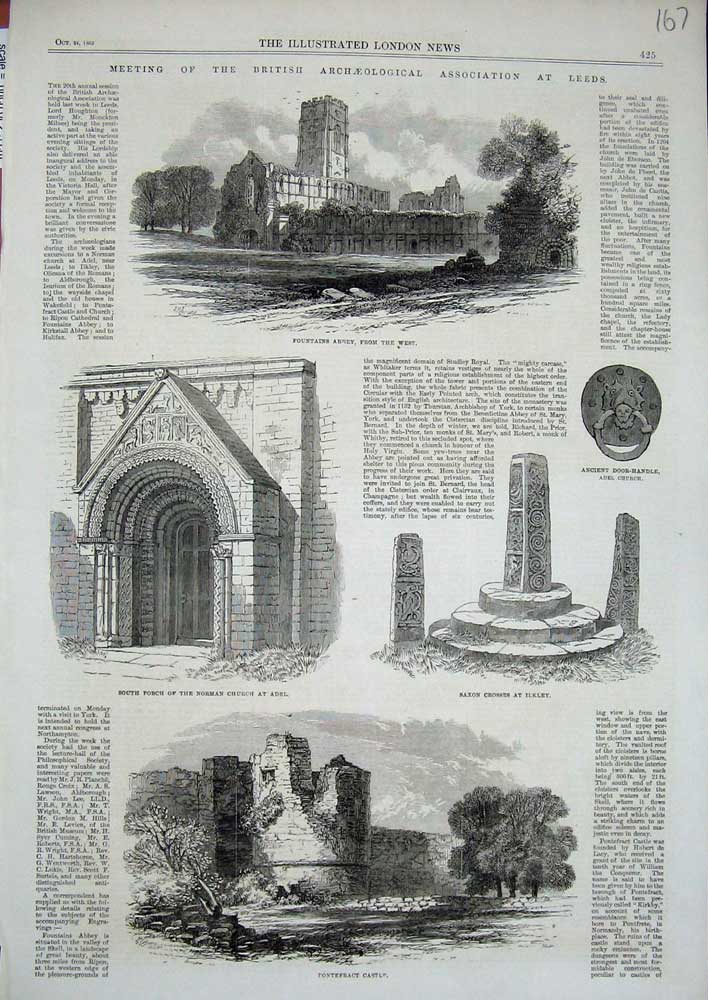 Original Old Antique Print 1863 Fountains Abbey Leeds Pontefract Castle Church