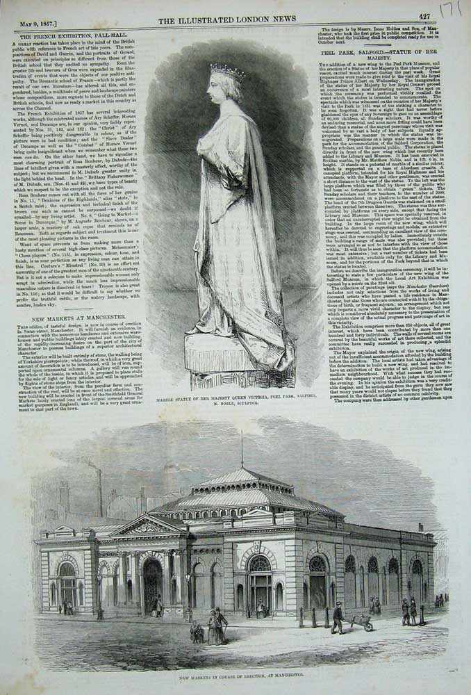 Original Old Antique Print 1857 Marble Statue Queen Victoria Salford Manchester