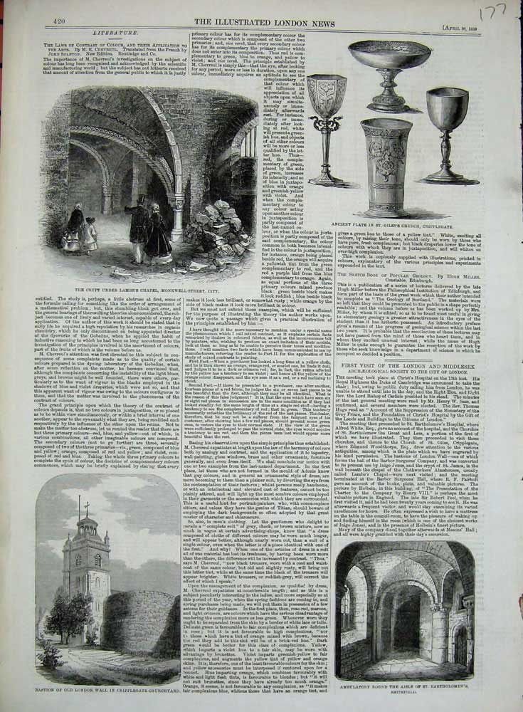 Old Antique Print 1859 Cripplegate Churchyard Bartholomew Lambe'S Chapel 19th