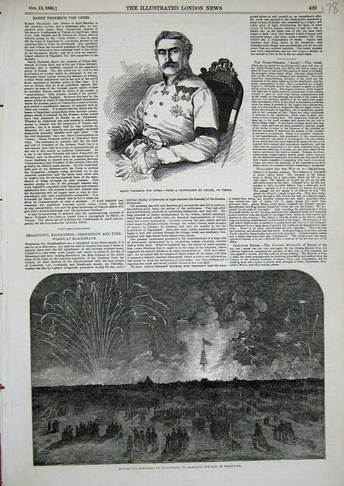 Original Old Antique Print 1855 Baron Von Osten Bonfire Fireworks Blackheath