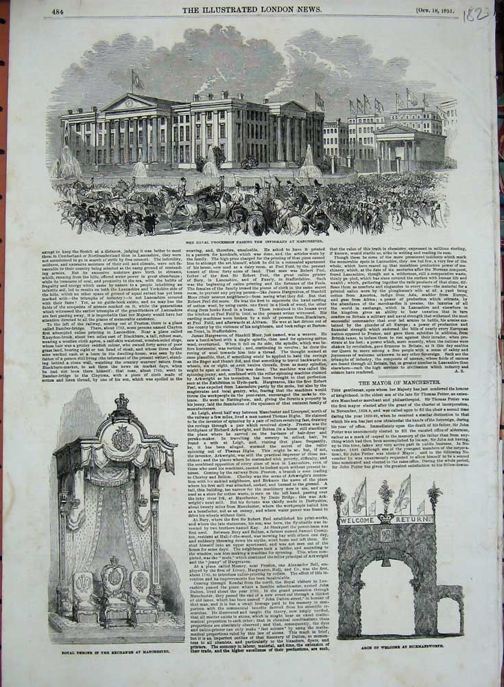 Original Old Antique Print Infirmary Manchester 1851 Throne Arch Rickmansworth