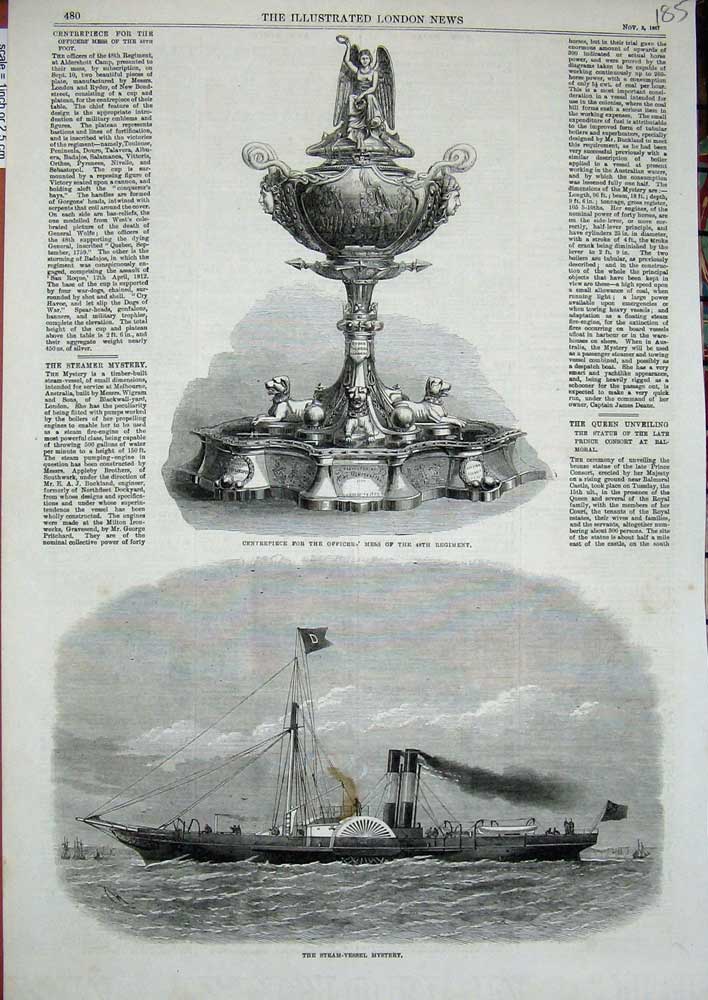 Old Antique Print 1867 Steam Ship Mystery Centrepiece Officers Mess War 19th