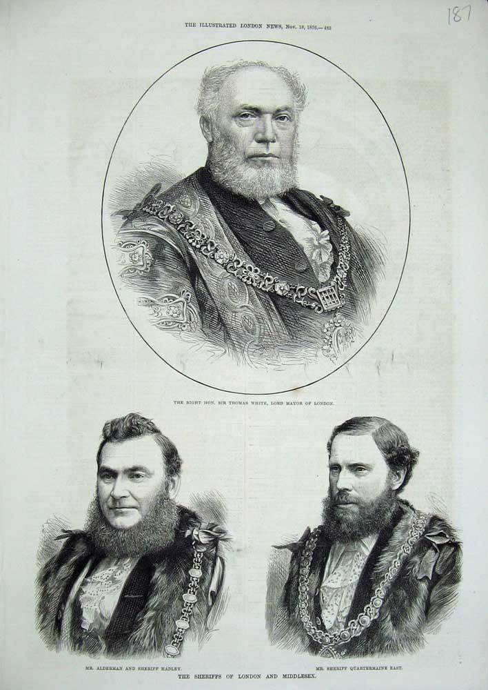 Old Antique Print 1876 Thomas White Mayor London Hadley Sheriffs London 19th