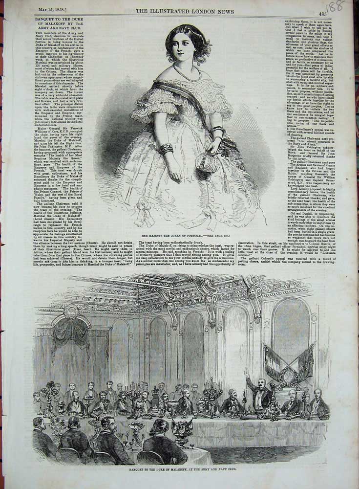 Original Old Antique Print 1858 Queen Portugal Banquet Duke Malakoff Army Navy