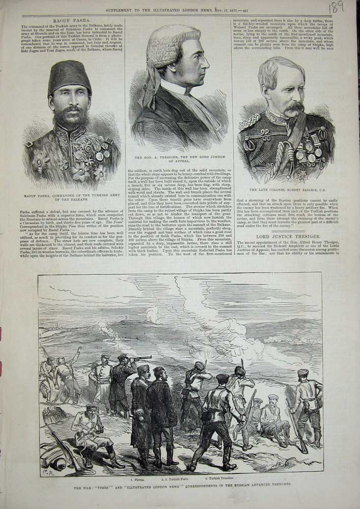 Old Antique Print 1877 War Turkish Trenches Plevna Thesiger Baigrie Pasha 19th