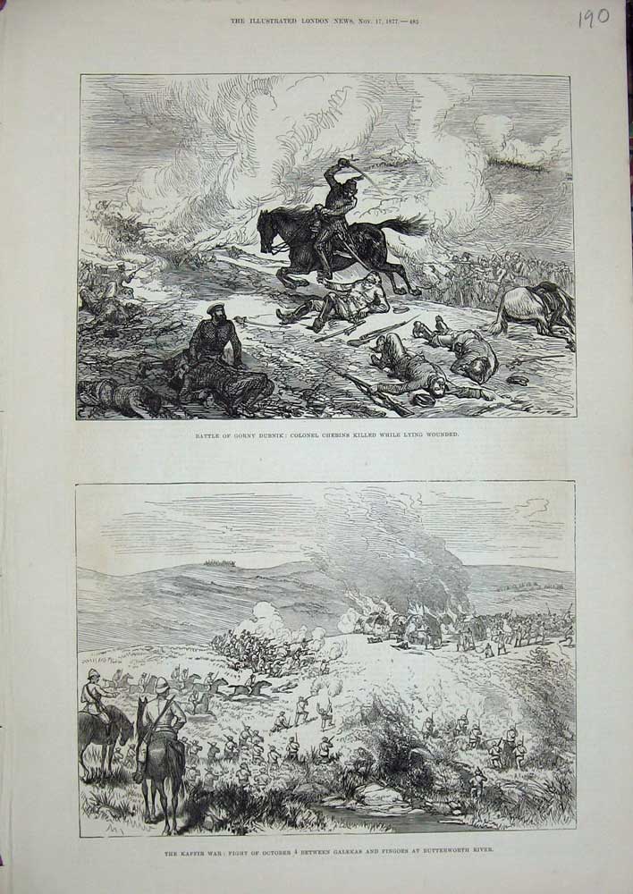Old Antique Print 1877 Kaffir War Galekas Butterworth Gorny Dubnik Army 19th