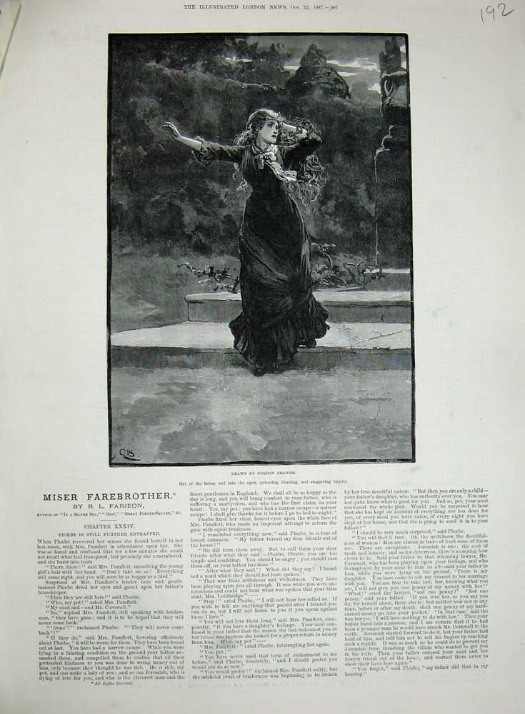 Old Antique Print 1887 Miser Farebrother Gordon Browne Lady Woman House 19th