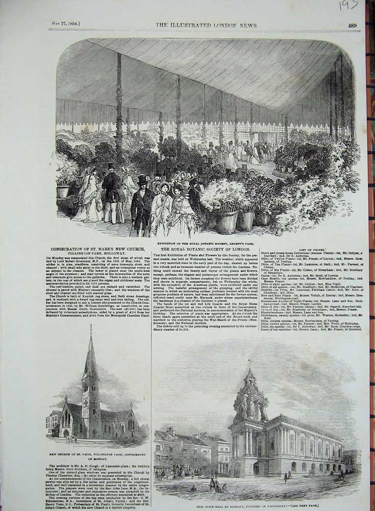 Old Antique Print Botanic Society Regents 1854 Church Tollington Burslem 19th