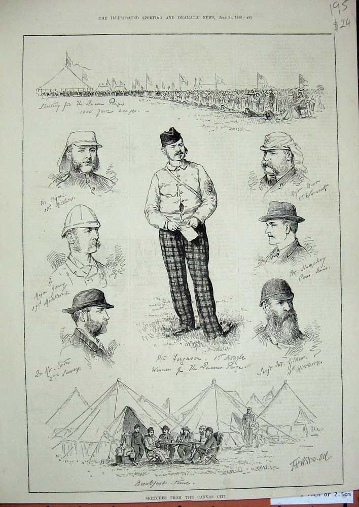 Original Old Antique Print Canvas City 1880 Rifle Shooting Ferguson Siers Tents