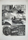 Old Antique Print 1882 Floods Twickenham Ferry Boat Kew Gardens Fine Art 19th