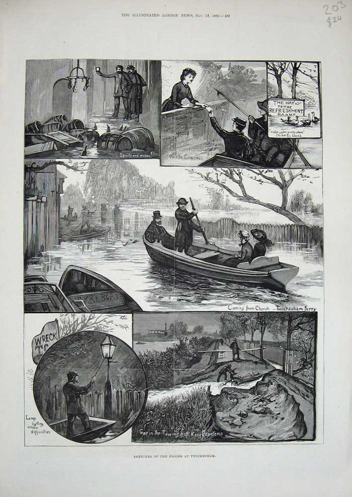 Old Antique Print 1882 Floods Twickenham Ferry Boat Kew Gardens Fine Art 19th