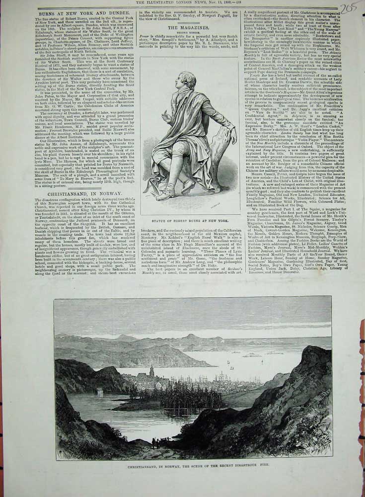 Antique Print *0284 1880 Statue Robert Burns New York Christiansand Norway