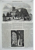 Original Old Antique Print 1860 Waltham Abbey Church Interior Architecture 19th