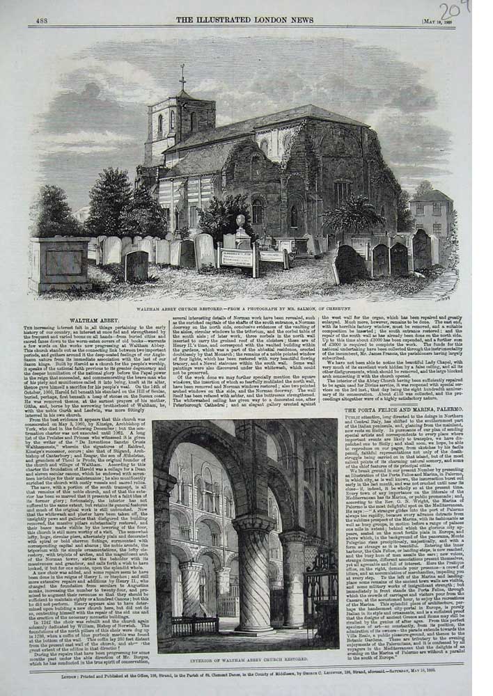 Original Old Antique Print 1860 Waltham Abbey Church Interior Architecture 19th