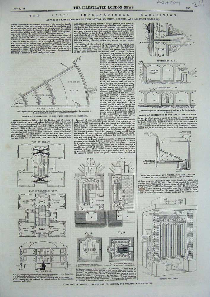 Old Antique Print 1867 Heating Apparatus Ventilation Theatre Arts Metiers 19th