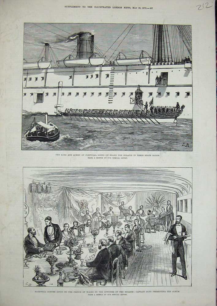 Original Old Antique Print 1876 King Queen Portugal Serapis Ship Captain Glyn