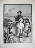 Original Old Antique Print 1890 Beach Sea-Side Children Man Telescope Woman
