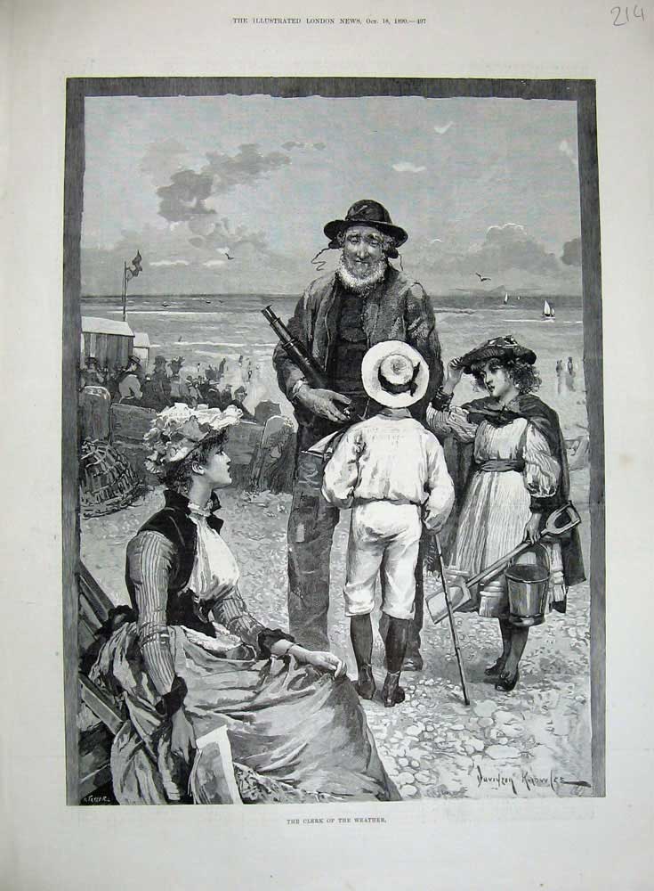 Original Old Antique Print 1890 Beach Sea-Side Children Man Telescope Woman