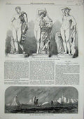 Old Antique Print 1864 Statues British Museum Great Britain Ship Icebergs 19th