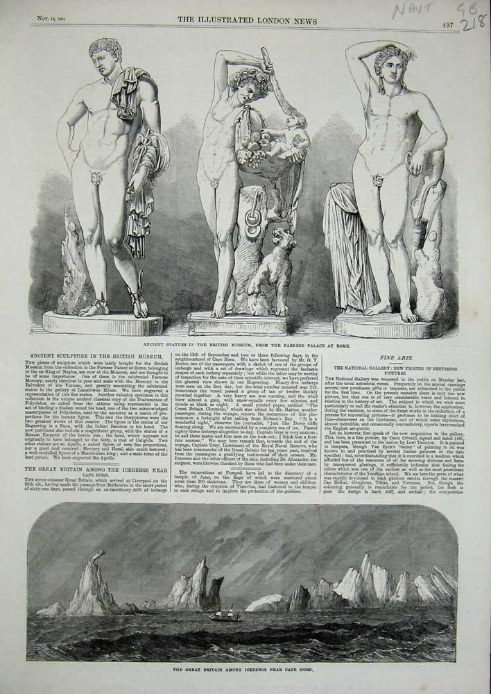 Old Antique Print 1864 Statues British Museum Great Britain Ship Icebergs 19th