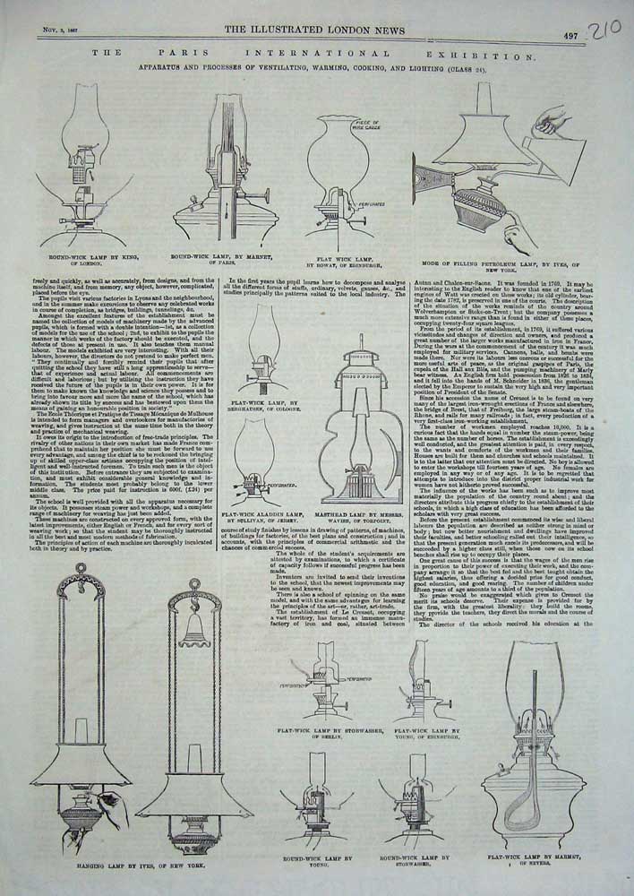 Original Old Antique Print 1867 Round-Wick Lamp Ives Edinburgh Petroleum Marmet