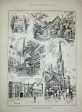 Old Antique Print Gratham Lincolnshire 1894 Wolframs Church Angel Hotel 19th