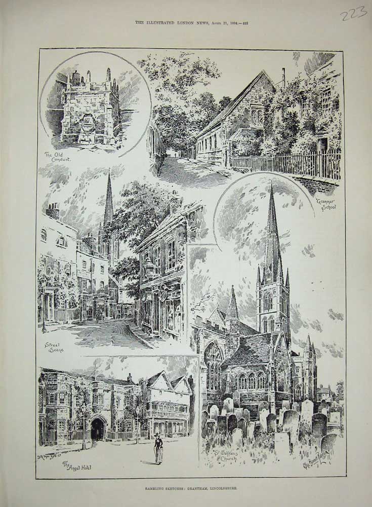 Old Antique Print Gratham Lincolnshire 1894 Wolframs Church Angel Hotel 19th
