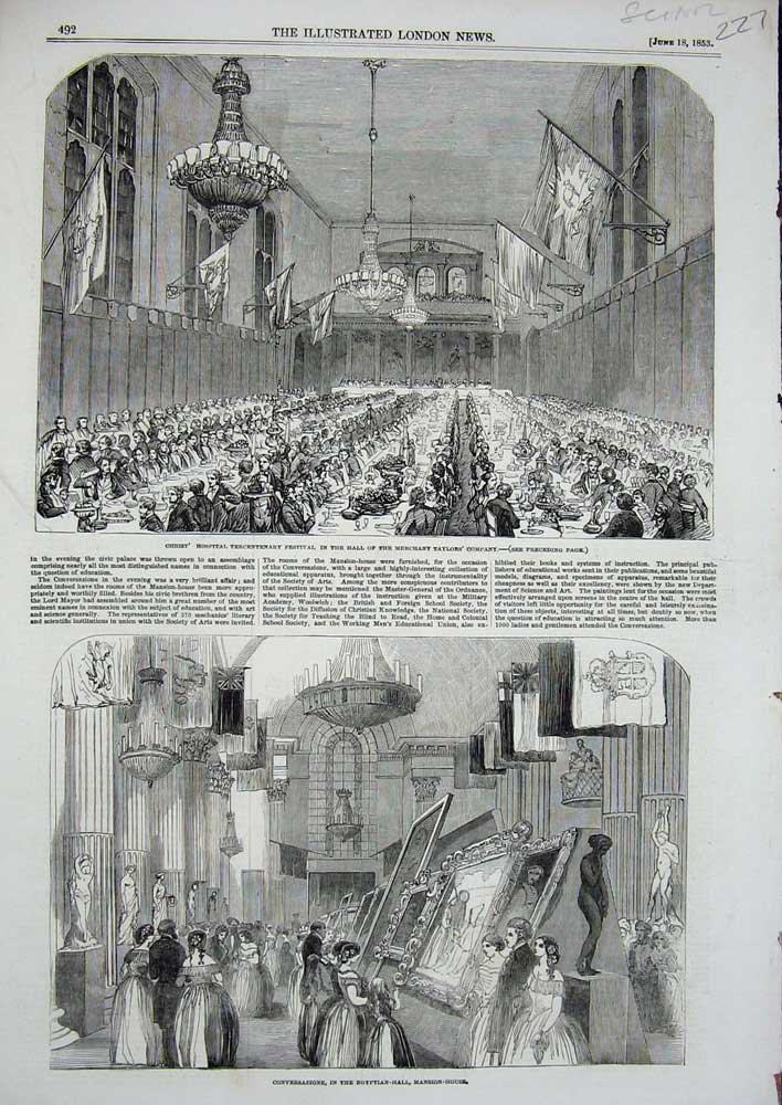 Old Antique Print 1853 Mansion House Christ Hospital Merchant Taylor Hall 19th