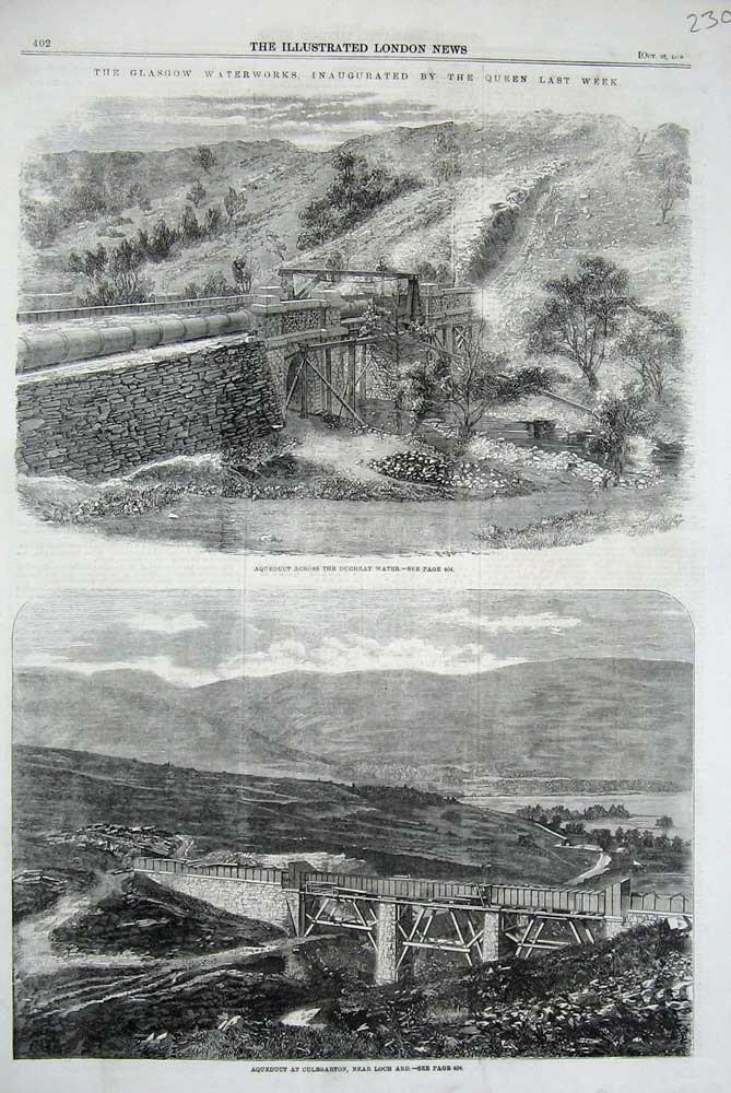 Original Old Antique Print 1859 Glasgow Waterworks Aqueduct Culegarton Loch Ard