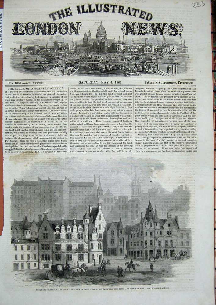 Original Old Antique Print Cockburn Street Edinburgh 1861 Scotland Architecture