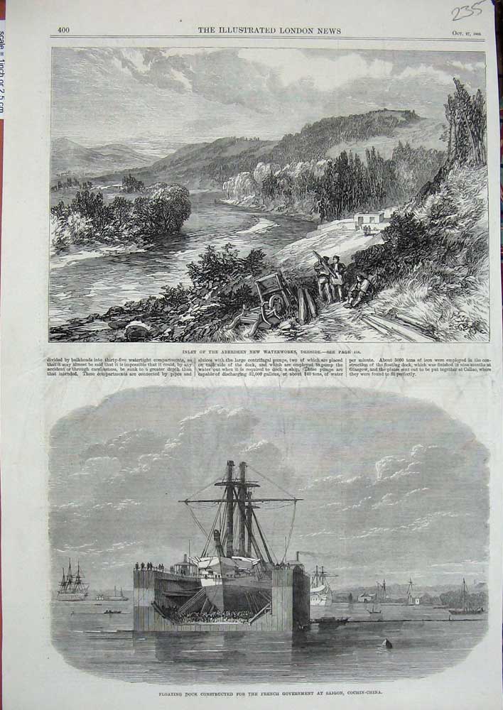 Old Antique Print 1866 Aberdeen Waterworks Deeside Dock Ship Saigon China 19th