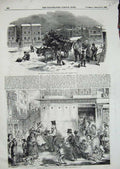 Old Antique Print 1848 Christmas Holly Cart Dinner Donkey Cart Children 19th