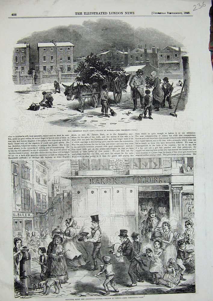 Old Antique Print 1848 Christmas Holly Cart Dinner Donkey Cart Children 19th