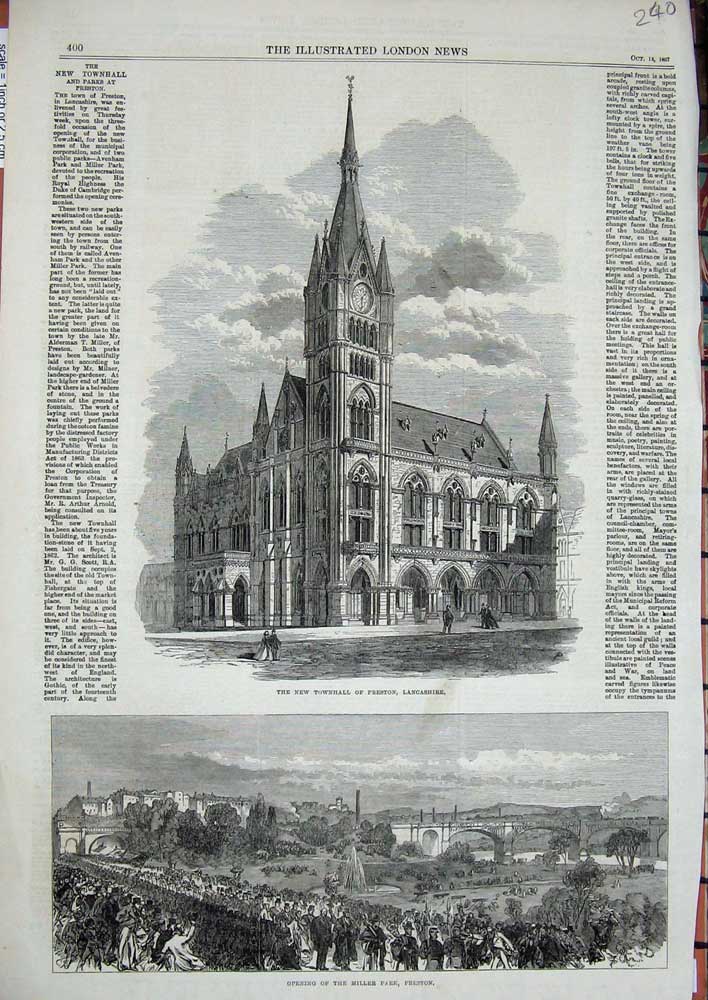 Original Old Antique Print 1867 New Townhall Preston Lancashire Miller Park