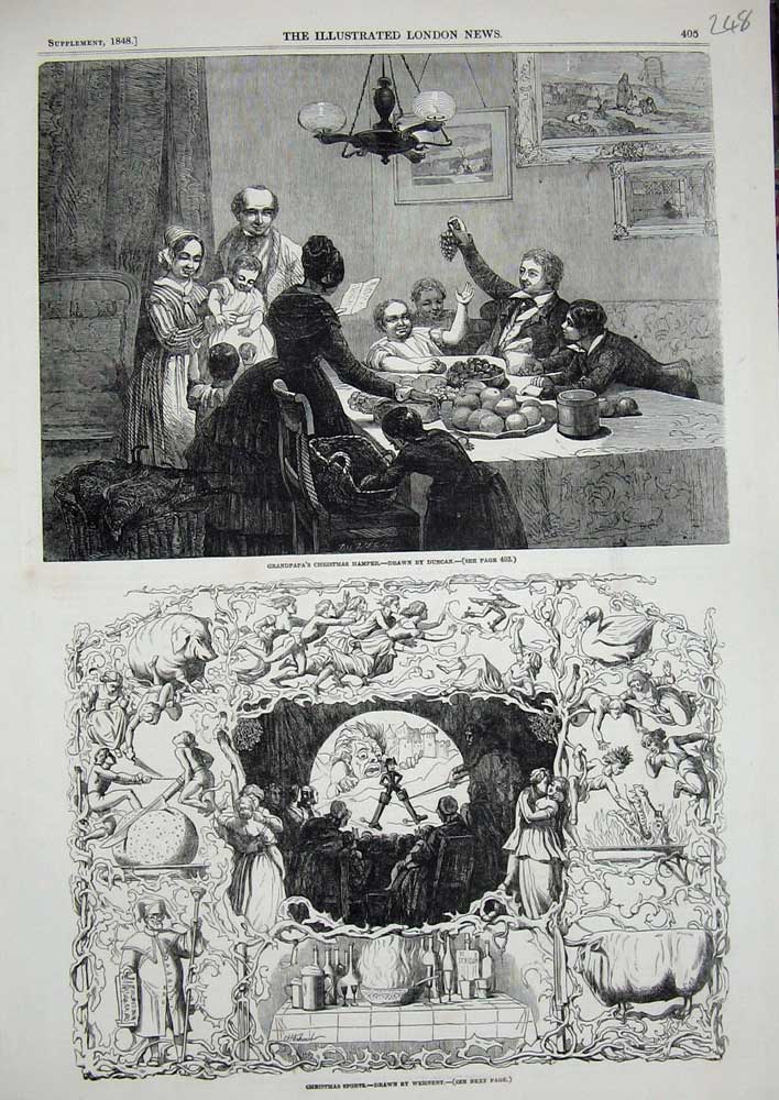 Original Old Antique Print 1848 Granpapa'S Christmas Hamper Sports Victorian