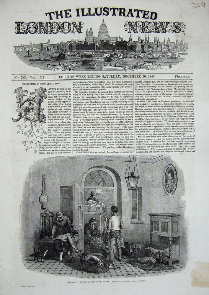 Old Antique Print 1846 Christmas Family Home Snow Winter Pets Linton Art 19th