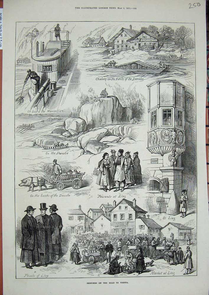 Old Antique Print 1873 Vienna Chalets Danube Linz Priests Pig Cart Boat 19th