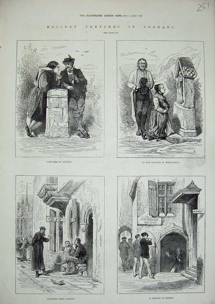 Old Antique Print 1879 Germany Costumes Saxony Leipsic Westphalia Barber 19th