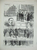 Original Old Antique Print 1884 Municipal Buildings Public Library Leeds Mayor