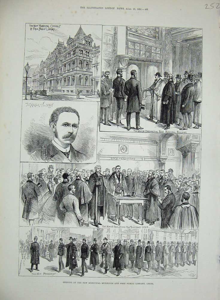 Original Old Antique Print 1884 Municipal Buildings Public Library Leeds Mayor