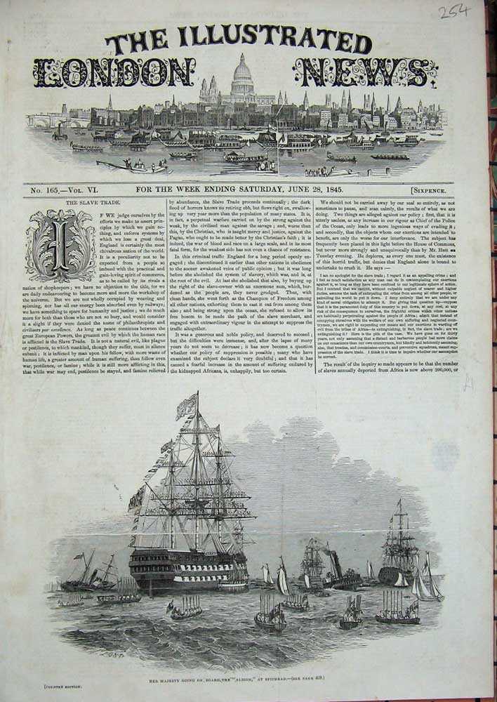 Old Antique Print Queen Albion Ship Spithead 1845 Boats Flags Sea Steamer 19th
