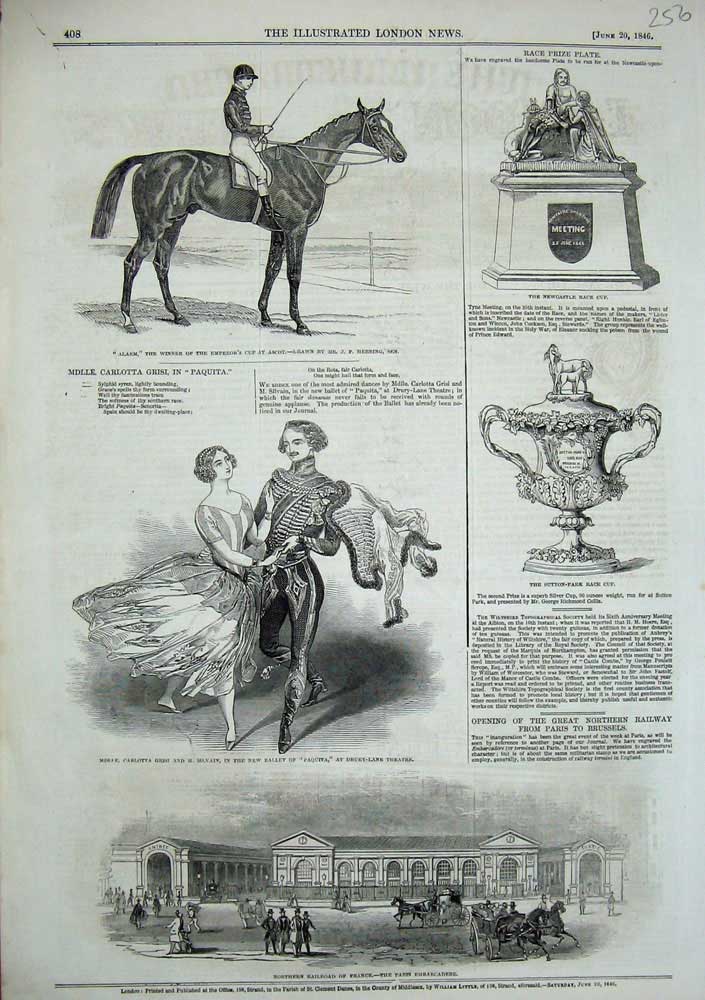 Old Antique Print 1846 Paris Embarcadere Railway Theatre Alarm Horse Cup 19th