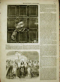 Original Old Antique Print Royal Christening Baby Church Jester Man Window