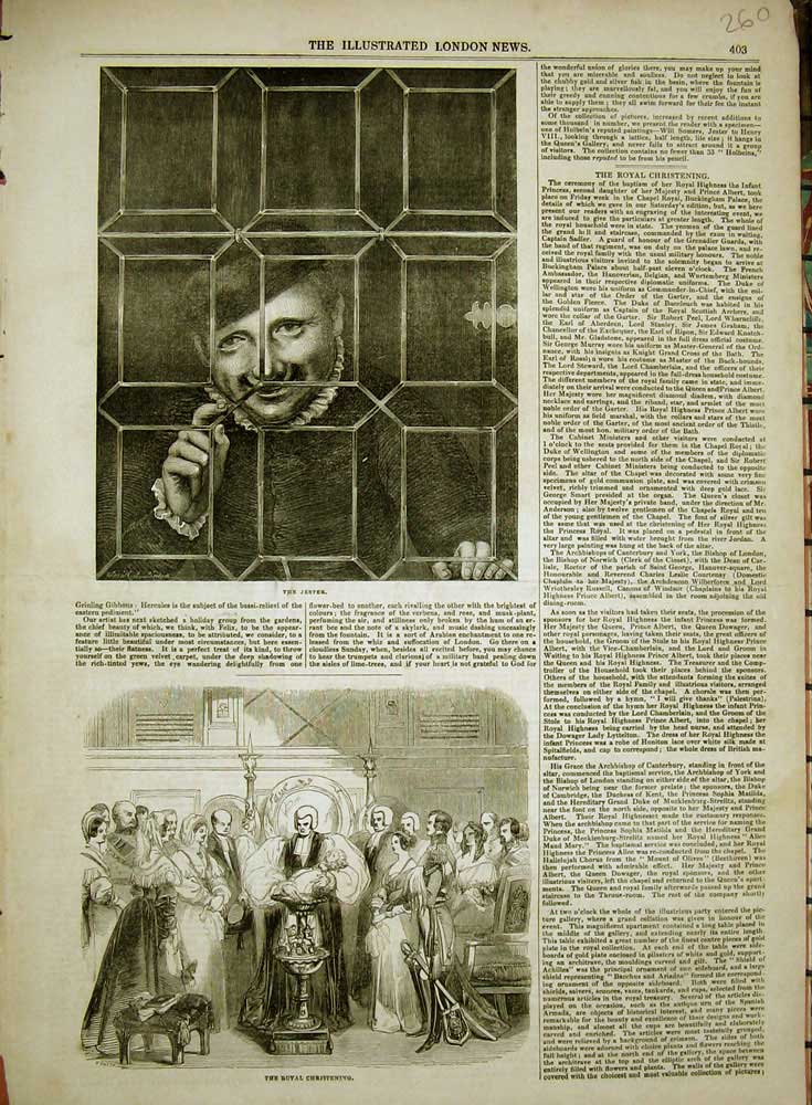 Original Old Antique Print Royal Christening Baby Church Jester Man Window