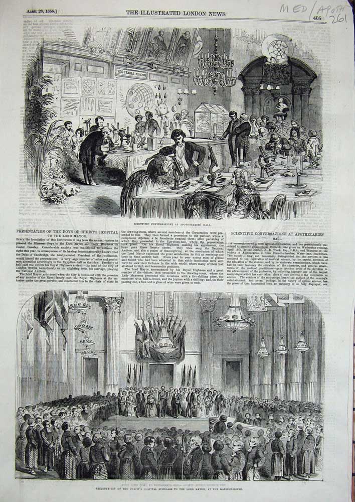 Old Antique Print 1855 Christ Hospital Mayor Mansion House Apothecaries 19th