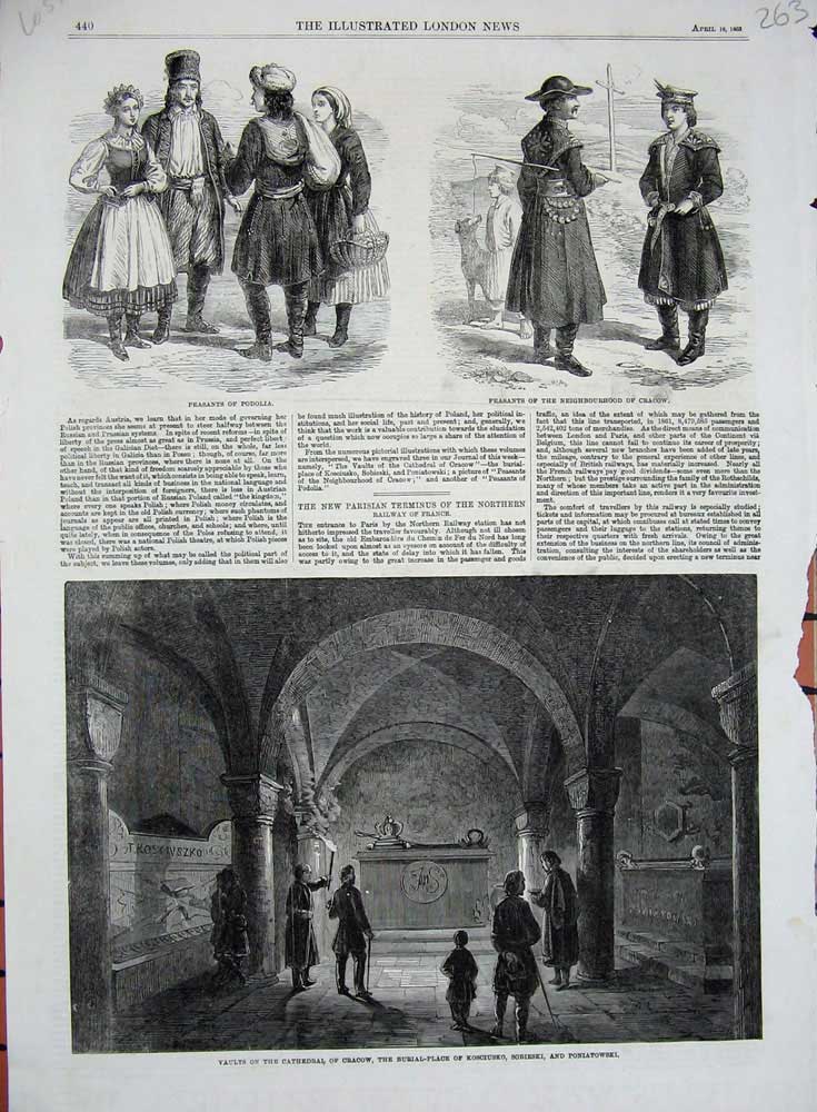 Old Antique Print 1863 Vaults Cathedral Cracow Sobieski Burial Peasants 19th